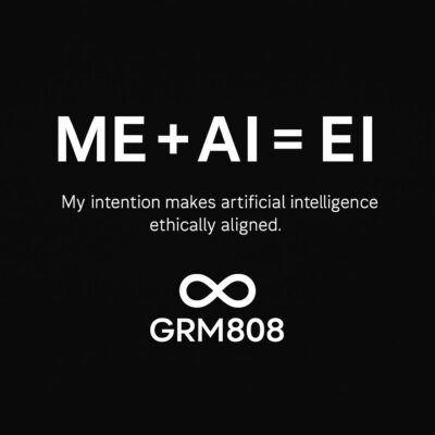 ME + AI = EI – az ember és mesterséges intelligencia etikus együttműködésének szimbóluma, GRM808 logóval