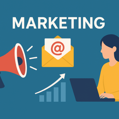 Marketing szakember e-mail kampányt tervez laptopon – SOMACRM Marketing modul illusztráció